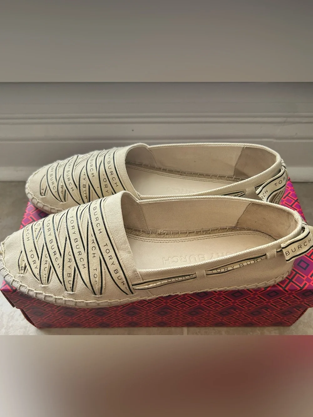 Tory Burch Cream Logo Ribbon Espadrille Flats